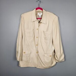 Talbots Women Petite 14W‎ Silk Safari Jacket Utility Beige Button Front Pockets